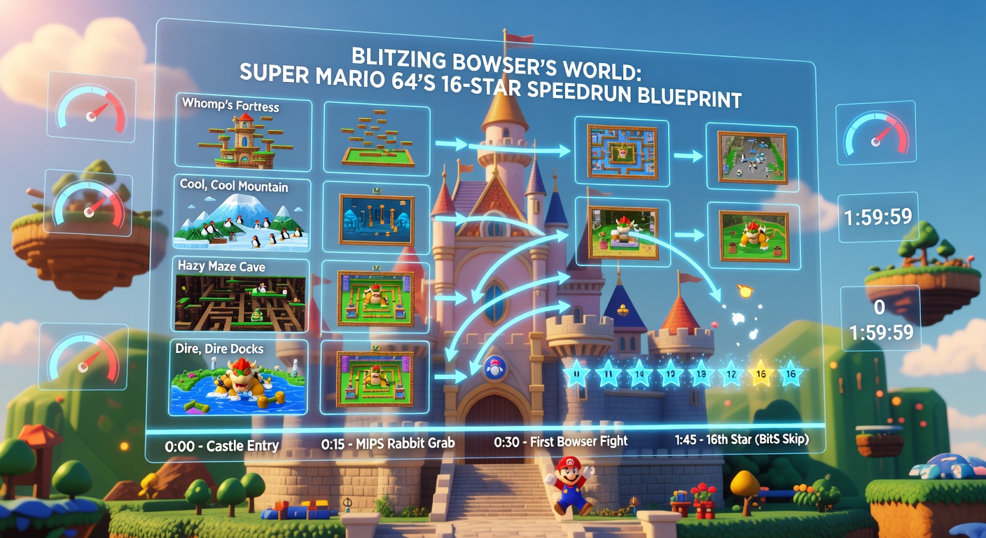 Close-up of a speedrun timer hitting sub-18 minutes in Super Mario 64's 16-star category, with Mario mid-BLJ toward the final Bowser arena