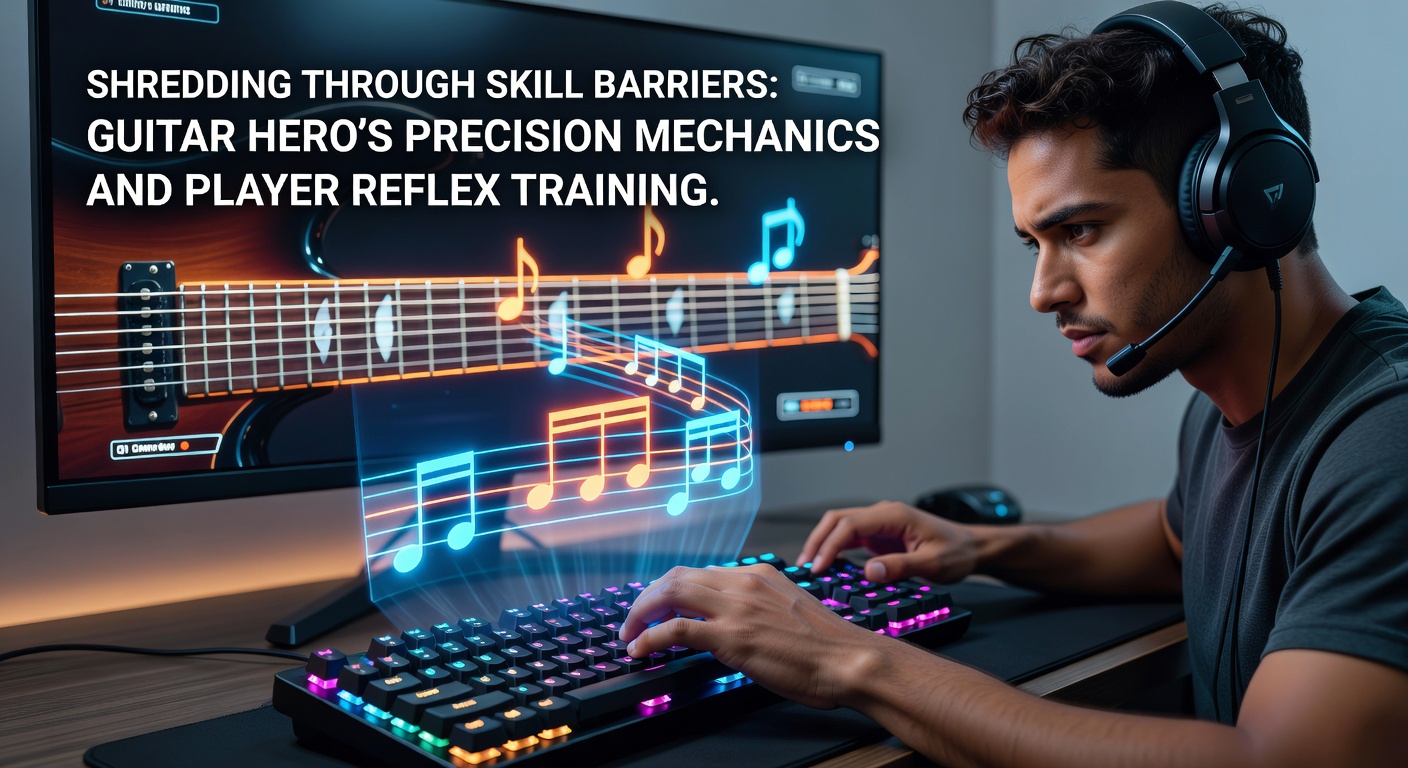 Guitar Hero player intensely hitting notes on a colorful fret board during a high-speed solo, controller in hand