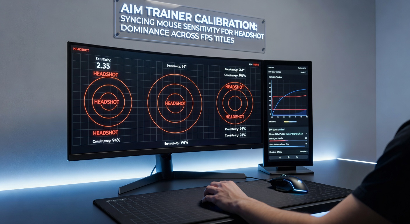 Close-up of a professional gamer adjusting mouse DPI settings alongside an aim trainer app, with sensitivity calculator open on screen