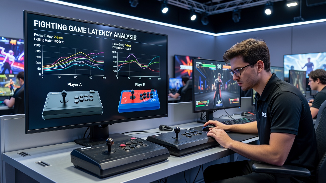 Close-up of controller testing equipment measuring input signals during an esports event
