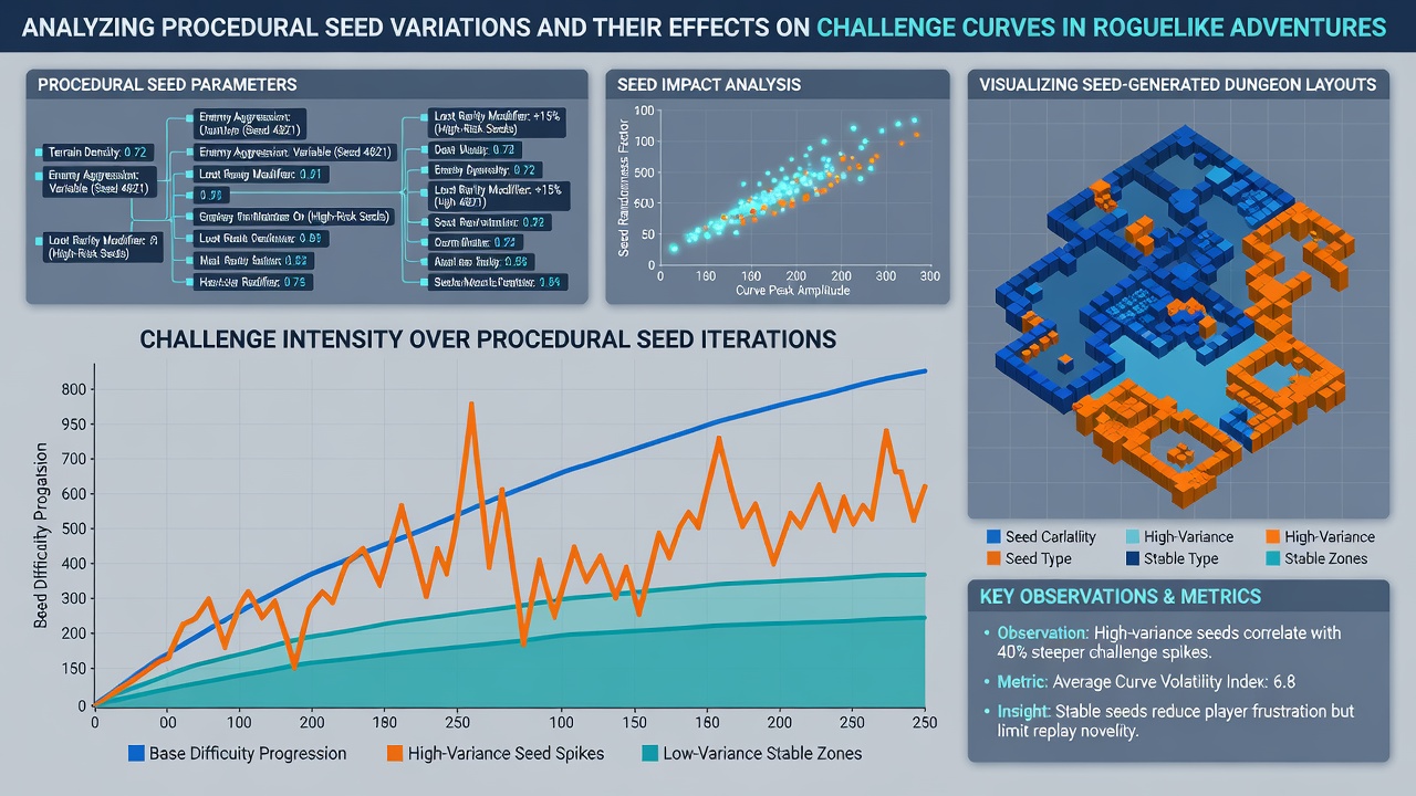 Graph illustrating challenge curve variations produced by different procedural seeds over multiple game runs