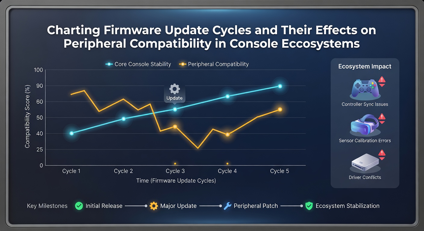 Diagram showing firmware update timelines across major console platforms with peripheral compatibility indicators