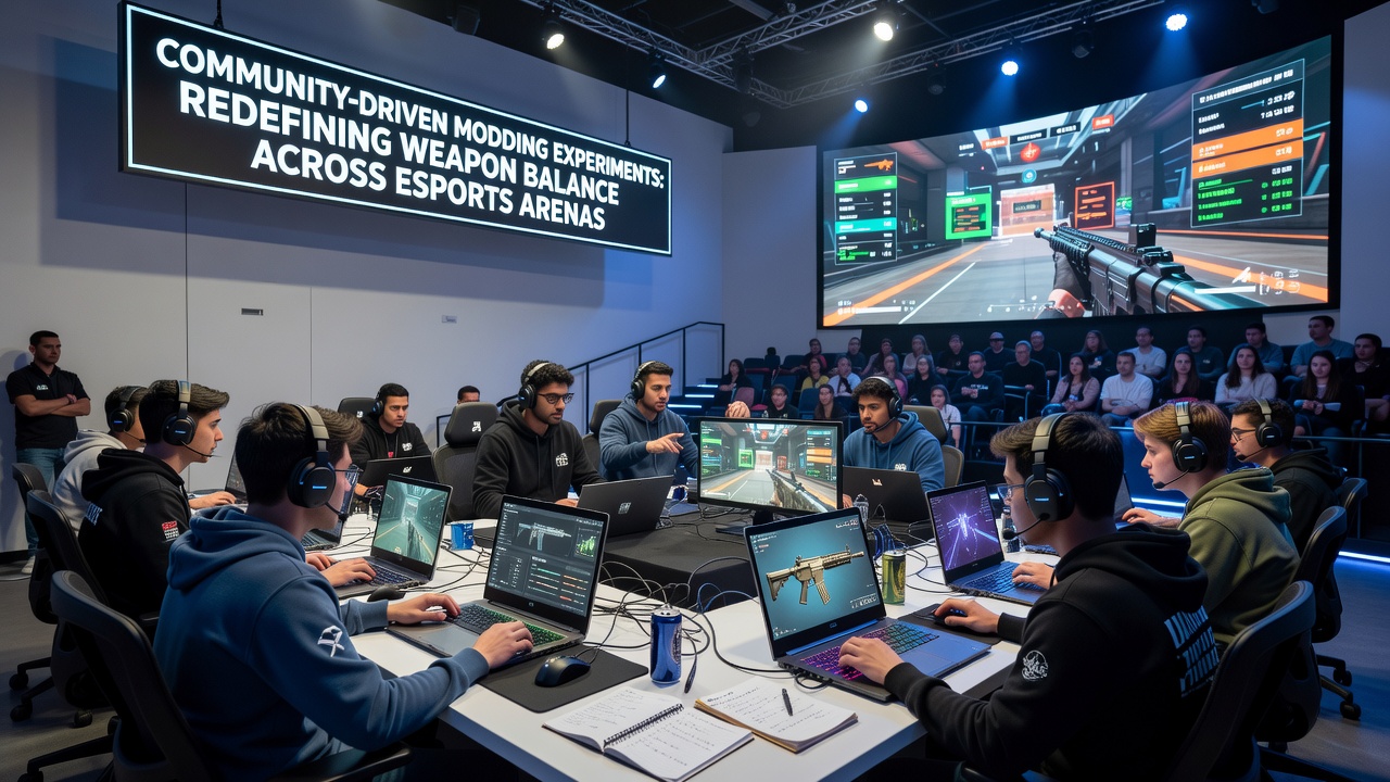 Esports players reviewing modded weapon statistics during a community workshop session
