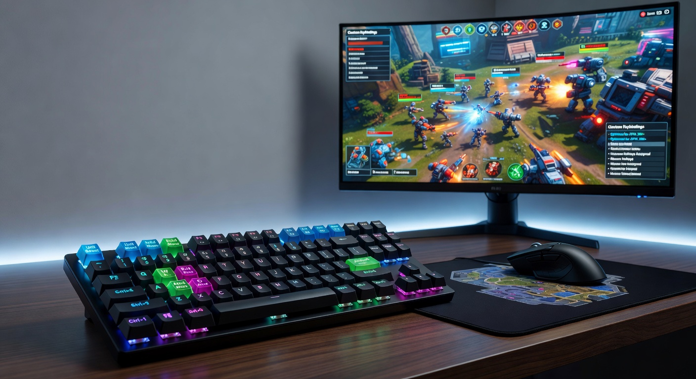 Player configuring custom keybindings on a mechanical keyboard during an RTS session