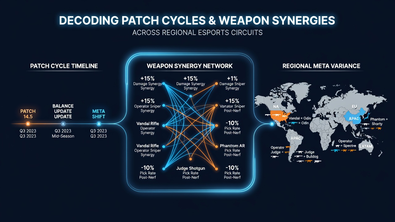Regional esports team reviewing updated weapon balance charts on multiple screens
