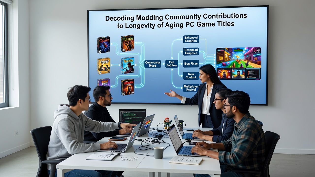 Detailed view of a modding workspace with multiple monitors displaying code and game assets