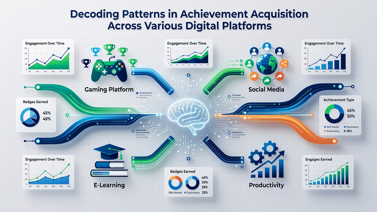 Infographic illustrating achievement unlock statistics by platform, genre, and time of day with colorful charts and regional maps