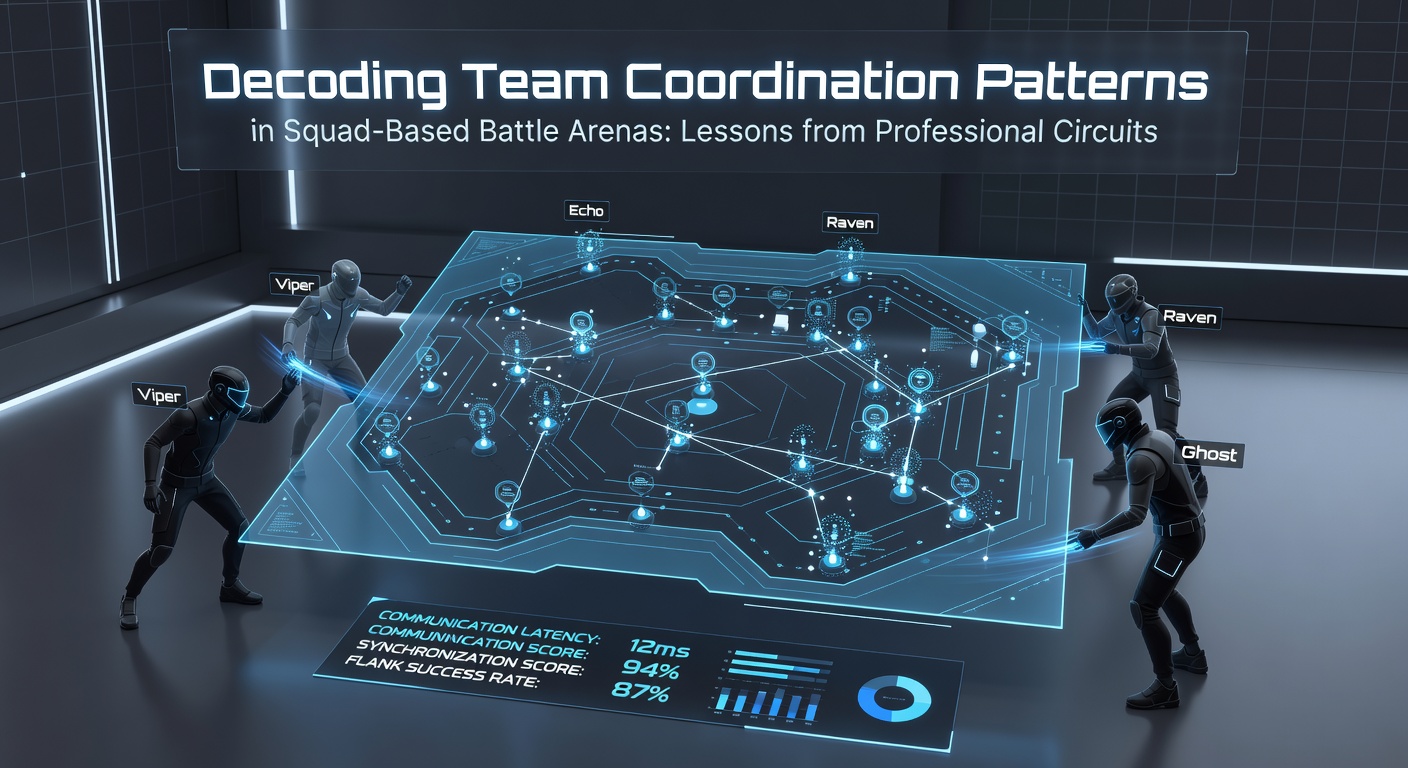 Professional esports team analyzing coordination patterns during a squad-based battle arena match