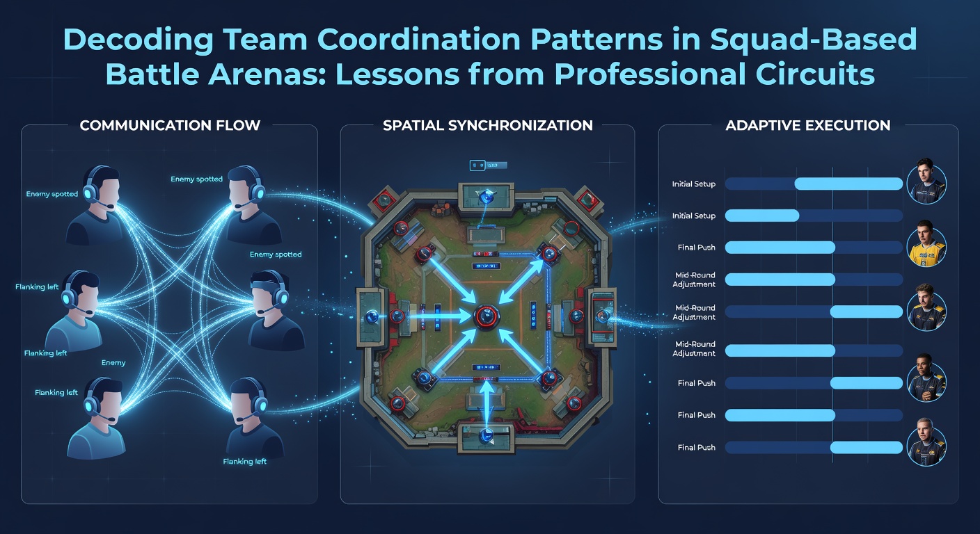 Squad members reviewing replay footage to decode coordination timing in a battle arena setting