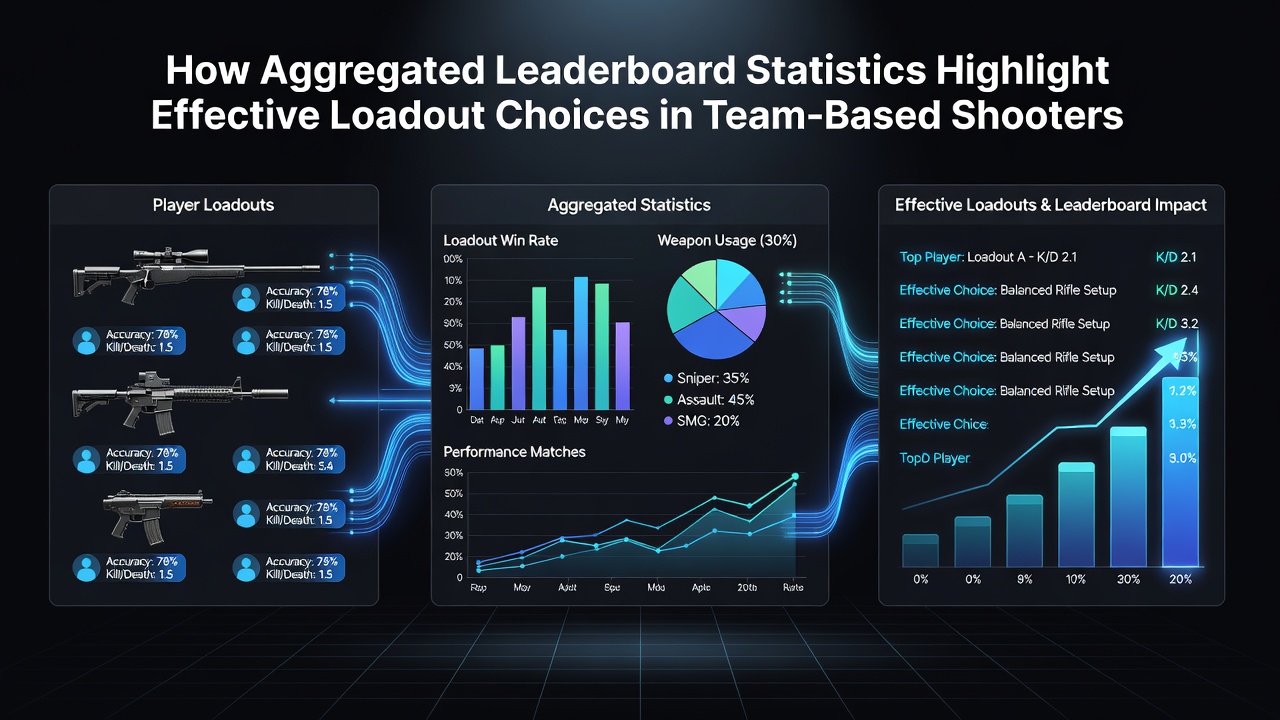 Dashboard displaying aggregated leaderboard statistics with loadout win rates and performance metrics from team-based shooters
