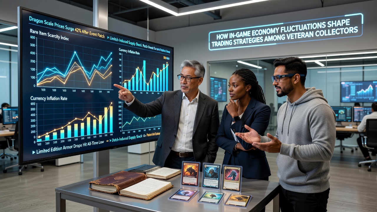 Group of collectors reviewing historical price graphs and discussing trade opportunities in a virtual marketplace setting