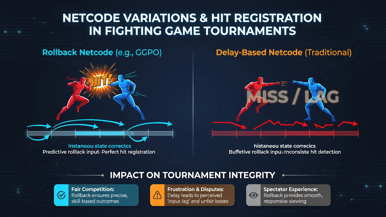 Side-by-side comparison of hitbox alignment under different netcode conditions during a tournament match