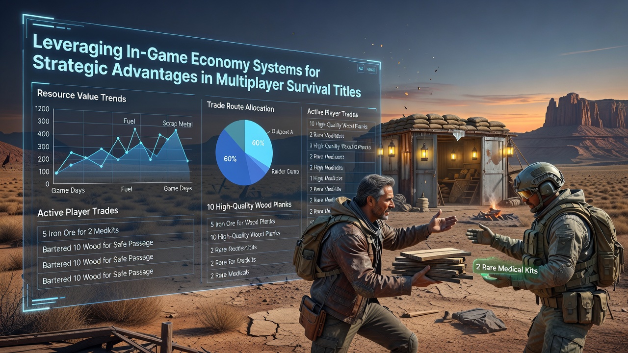 Players trading resources in a multiplayer survival game environment with markets and inventory systems visible