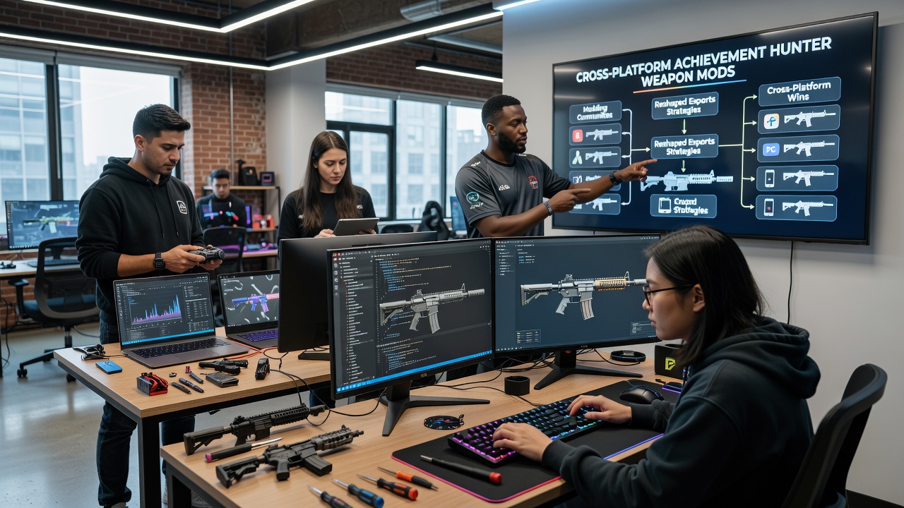 Esports competitors testing modded weapon loadouts during a cross-platform tournament event