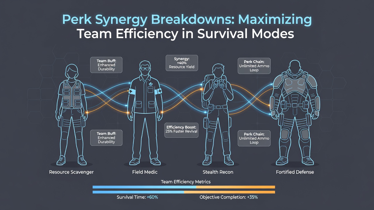 Team of players coordinating perk selections during a survival mode session in a multiplayer game