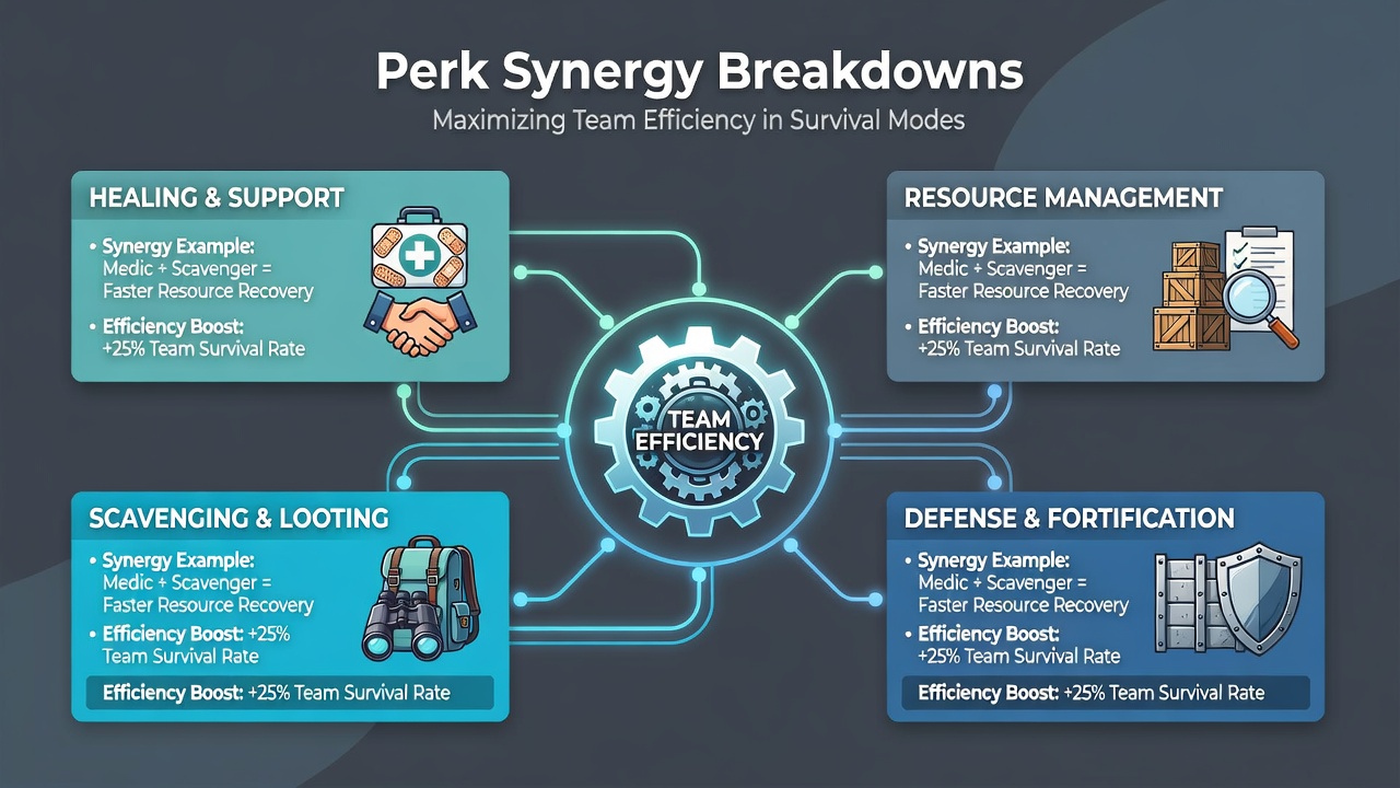 Detailed breakdown screen showing perk synergy bonuses and team loadout recommendations