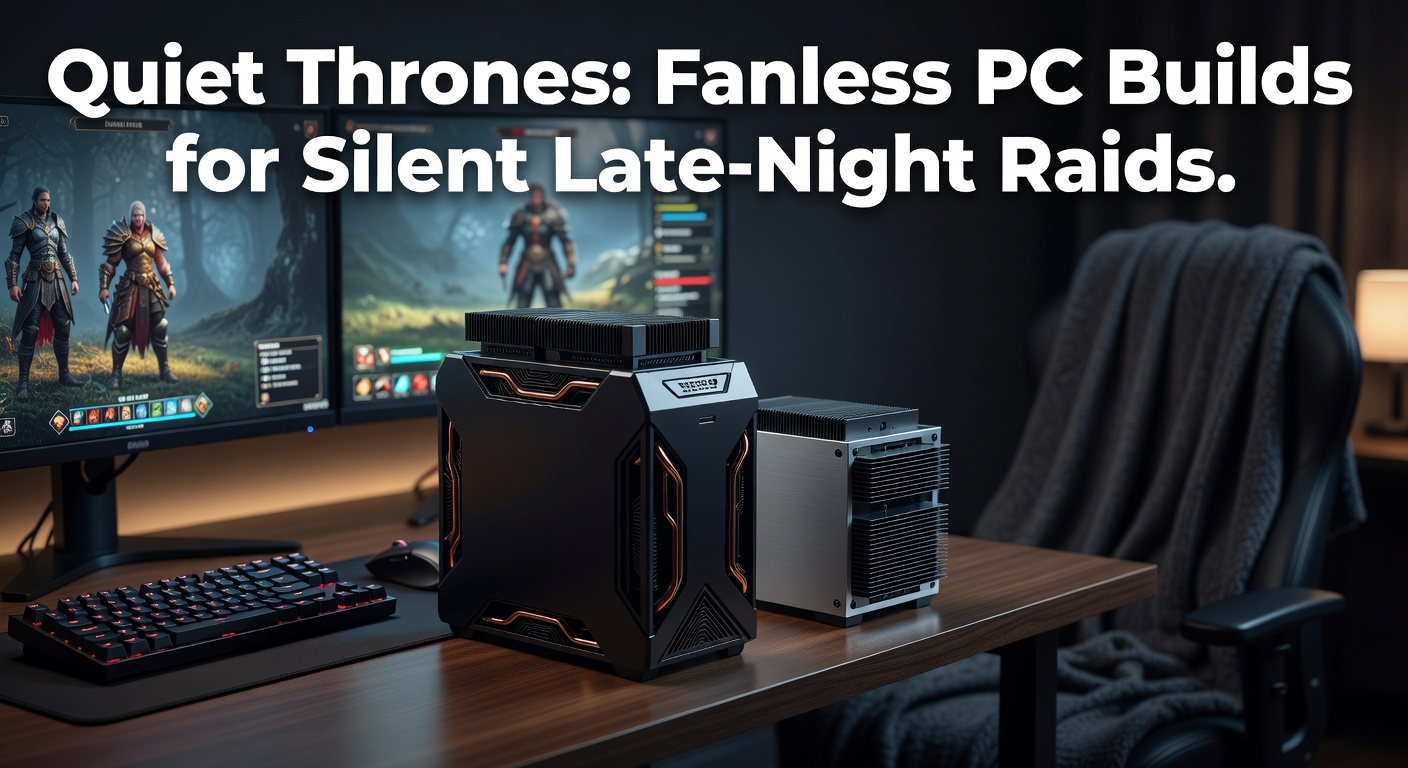 Sleek fanless PC chassis with exposed heatsink, glowing RGB accents, set up for nighttime MMO raiding on a desk beside a keyboard and monitor