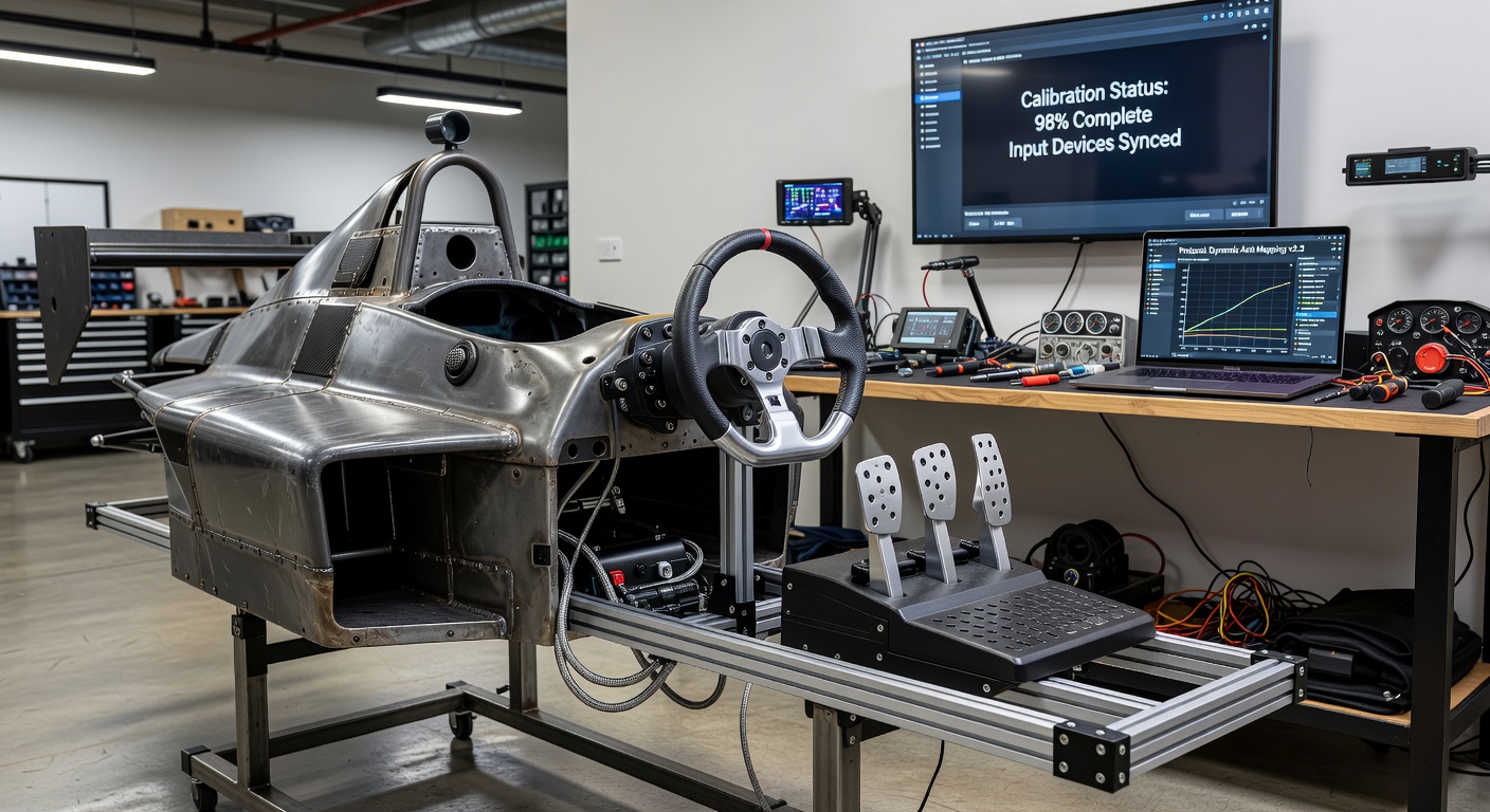 Vintage racing sim cockpit with modern wheel and pedal upgrades installed