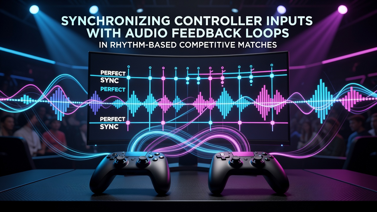 Rhythm game player using controller during a competitive match with visible audio waveform overlay on screen