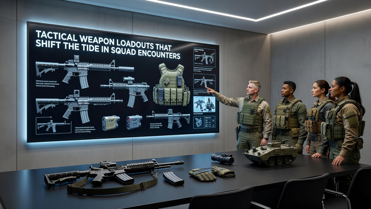 Close-up of in-game tactical weapon selection screen showing loadout options for squad encounters