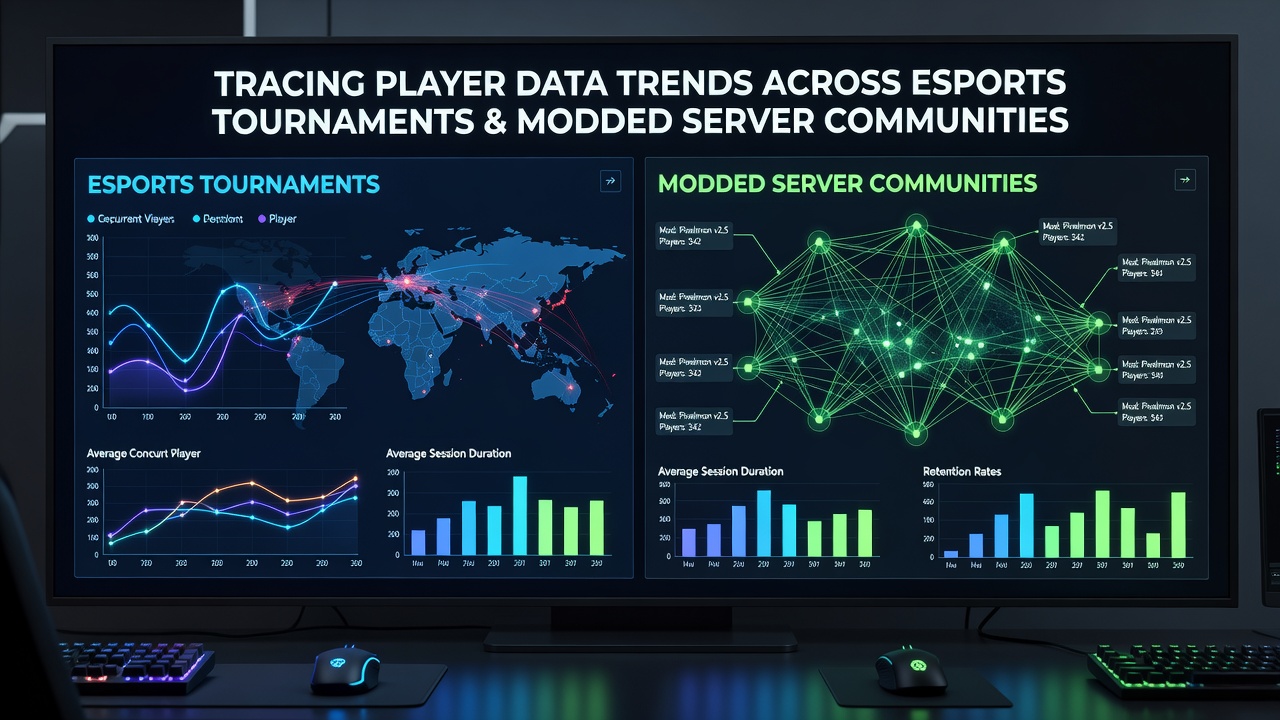 Detailed graphs comparing retention curves between professional esports matches and sustained modded server gameplay sessions