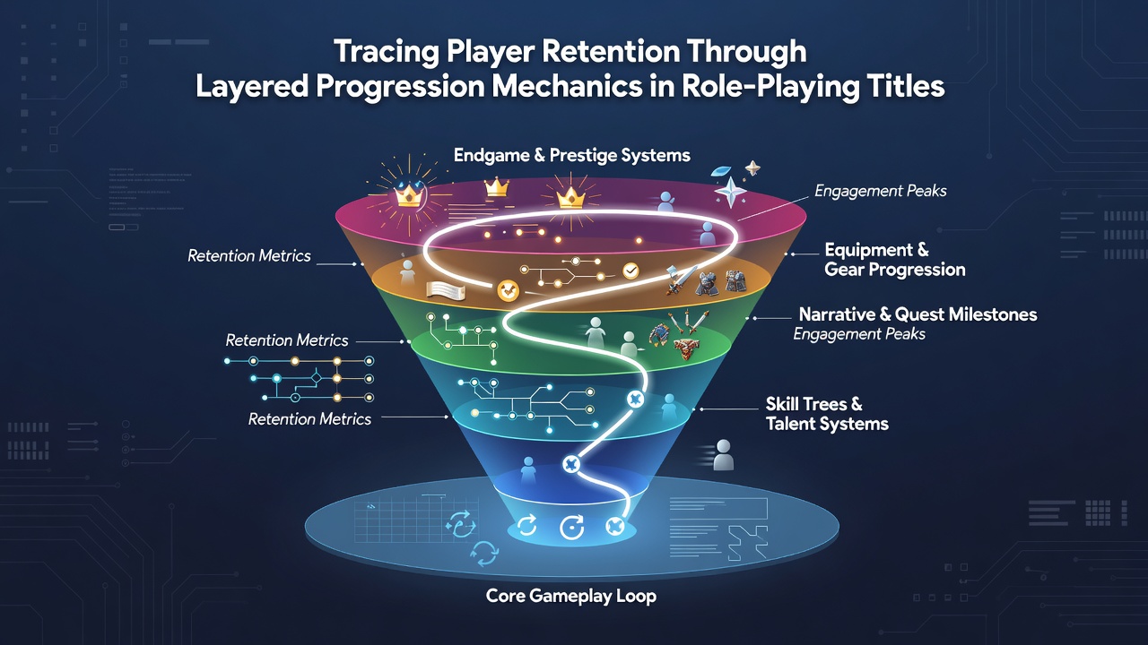 Screenshot examples of progression interfaces in popular RPG titles highlighting skill trees and achievement trackers
