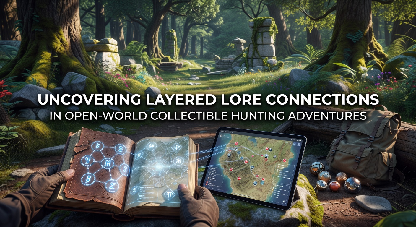 Player character examining ancient artifacts scattered across a vast open-world landscape filled with ruins and hidden symbols