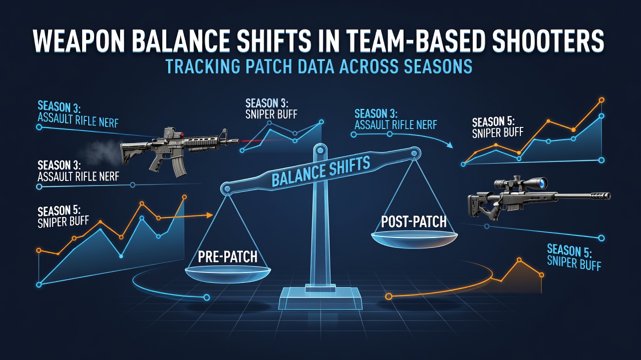 Patch notes and weapon stats charts displayed on a monitor during a game development review session