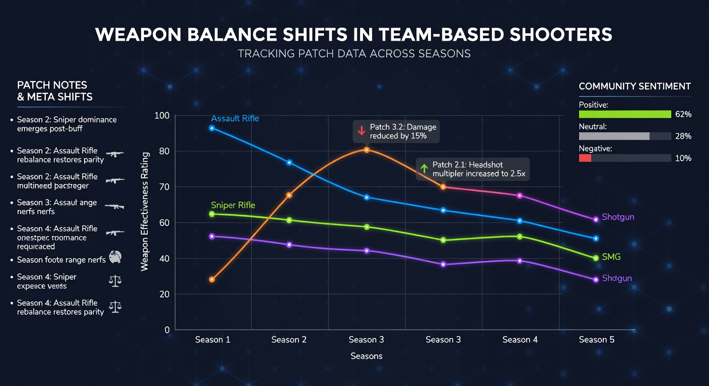 Developers reviewing weapon stat graphs and seasonal balance charts on dual monitors in a studio environment